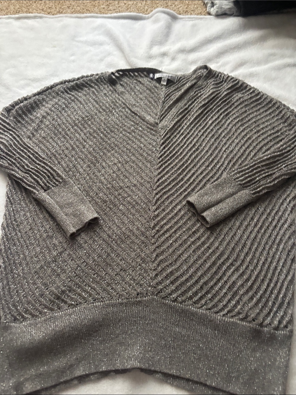 Jennifer Lopez Metallic Gray Ribbed V-Neck Sweater